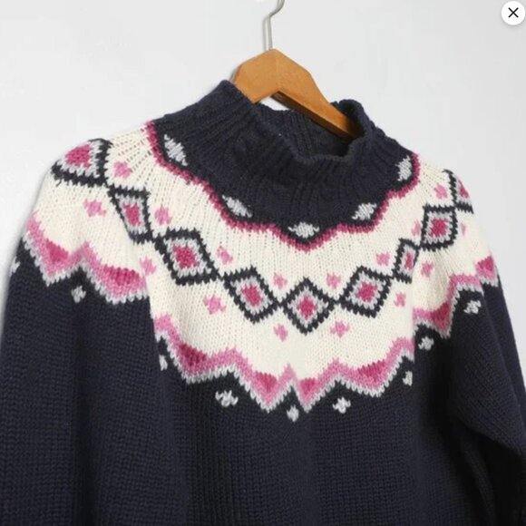 Vintage St Michael Fair Isle Wool Blend Sweater Pullover Navy Blue White Pink - Picture 8 of 13